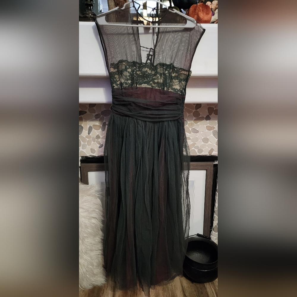 Vintage Handmade Forest Green and Chocolate Party Dress, 1950s Size 2 or 4